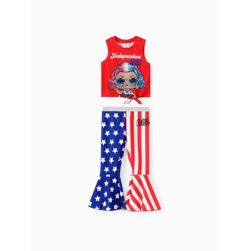 L.O.L. Surprise! Toddler,Kid Girls Independence Day 2pcs Character Print Tank Top With National Flag Print Flare Pants Set