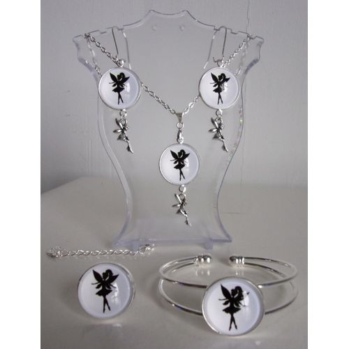 Parure Argentée 4 Pièces Cabochon 2cm Collection "Fée Noir Et Blanc" Et Breloque Métal Petite Fée 4
