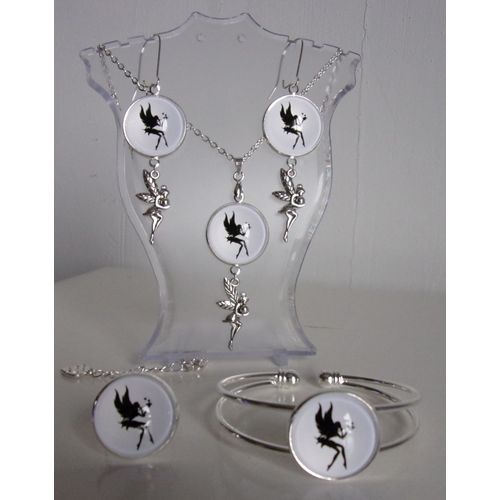 Parure Argentée 4 Pièces Cabochon 2cm Collection "Fée Noir Et Blanc" Et Breloque Métal Fée 5