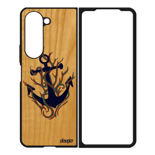 Coque Rigide Galaxy Z Fold 5 En Bois Silicone Ancre De Bateau Case Crayon Couleur Old School Noir Colore Bleu Homme Flamme Samsung