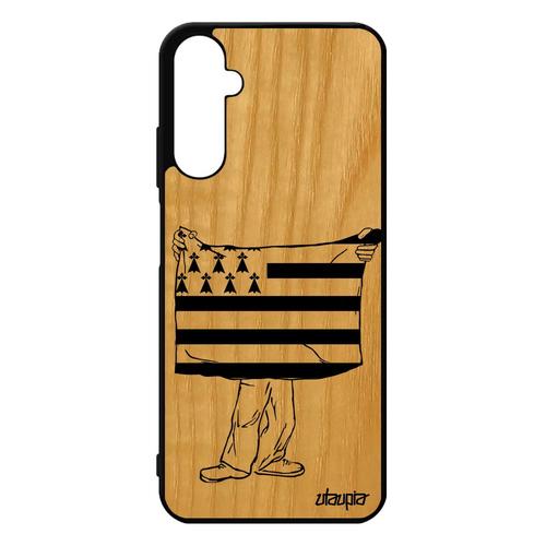 Coque Silicone Samsung Galaxy A05s En Bois Veritable Drapeau Bretagne Breton Foot Basket Portable Telephone Design Region Football