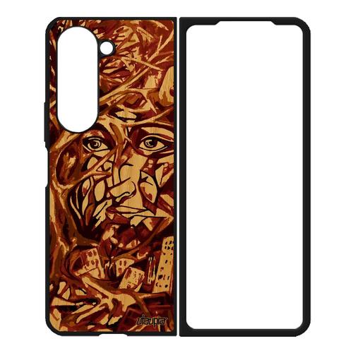 Coque Silicone Pour Samsung Z Fold 5 Bois Veritable Portrait Street Art Abstrait Visage Arbre Frêne Original Mobile Immeubles Galaxy