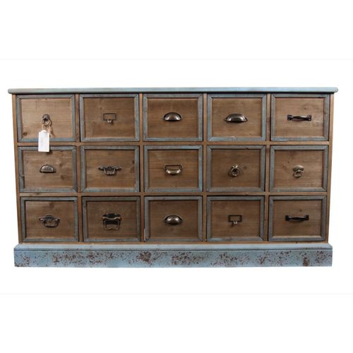 Commode Grainetier 15 Tiroirs Bois Bleu Vieilli 137.5x40.5x76cm