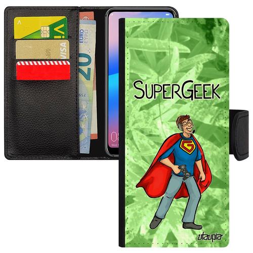 Coque Super Geek Samsung Galaxy S24 Ultra Rabat Portefeuille Porte Cartes Comics Console Magnetique Nerd Jeux Video 4g Vert Gamer De