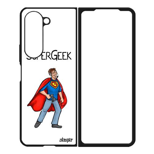 Coque Silicone Samsung Galaxy Z Fold 5 Super Geek Mobile Noir Comique Console Telephone Gamer Play Comics Drole Blanc Texte Dessin