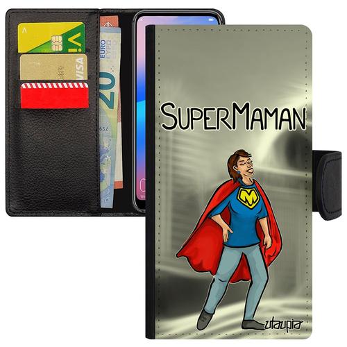 Coque Super Maman Samsung Galaxy S24 Rabat Portefeuille Noir Humoristique Heros Pochette Bebe Antichoc Comics Original Smartphone En