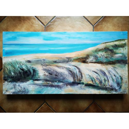 Magnifique Grand Tableau Toile Peinture Plage Bord De Mer Signée E-Lorphelin