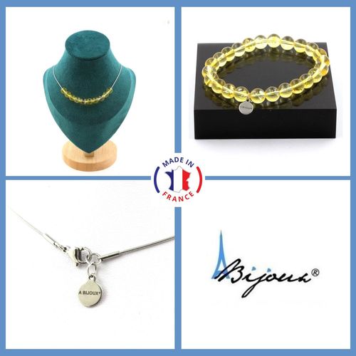 Parure Bijoux Bracelet Collier 10 Perles Citrine 8 Mm. Chaine En Acier Taille Personnalisable.