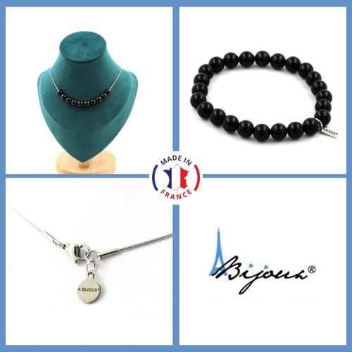 Parure Bijoux Bracelet Collier 10 Perles Agate Noire 8 Mm. Chaine En Taille Personnalisable.