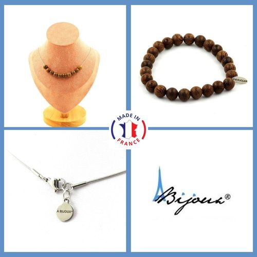 Parure Bijoux Bracelet Collier 10 Perles Bois 8 Mm. Chaine En Acier Taille Personnalisable.