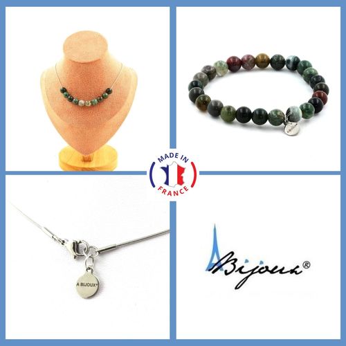 Parure Bijoux Bracelet Collier 10 Perles Agate Indienne 8 Mm. Chaine Taille Personnalisable.