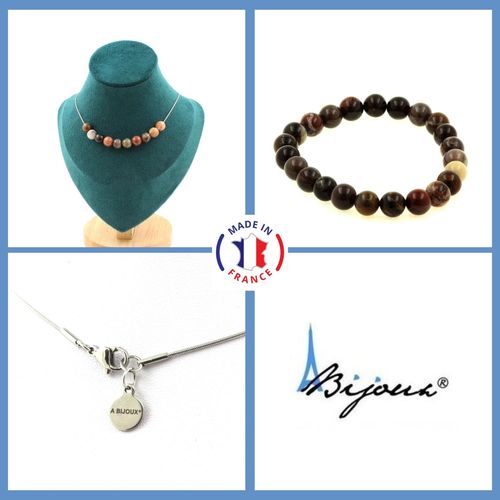 Parure Bijoux Bracelet Collier 10 Perles Bois Pétrifié 8 Mm. Chaine En Taille Personnalisable.