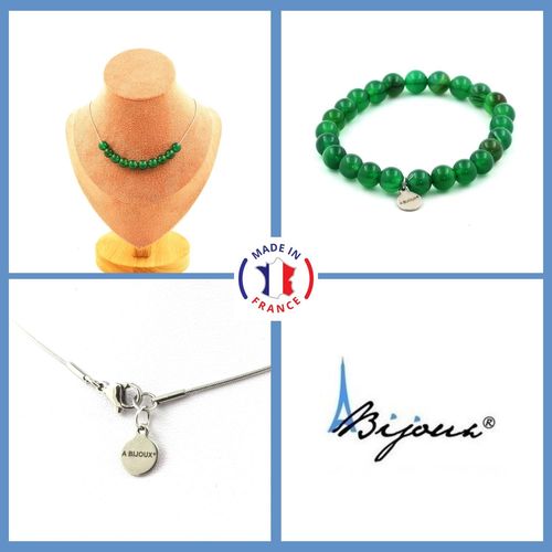 Parure Bijoux Bracelet Collier 10 Perles Agate Verte 8 Mm. Chaine En Taille Personnalisable.
