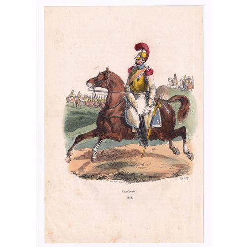 Gravure 1840 Régiment Carabinier Cavalerie Premier Empire Napoléon Bonaparte Uniforme
