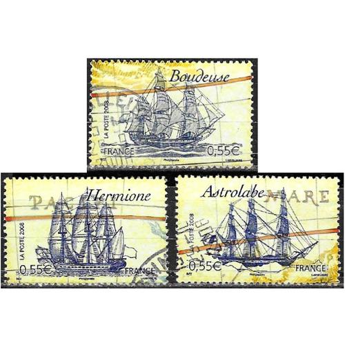 France 2008, Bateaux Célèbres, Beaux Timbres Yvert 4251 La Boudeuse, 4252 L'astrolabe Et 4253 L'hermione, Oblitérés, Tbe.