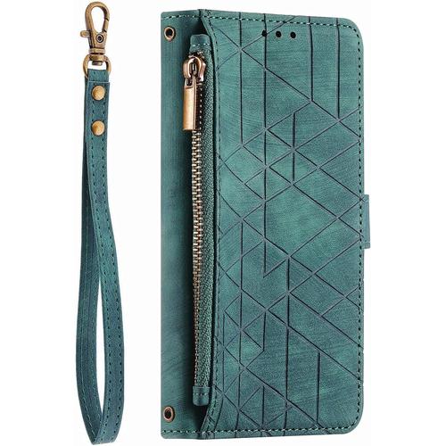 Coque En Pu Cuir Pour Iphone 13 Zipper Étui De Portefeuille Figure Géométrique Clapet Case [Bouton Loquet] Fermeture Éclair À Rabat Housse Wallet Étui En Cuir Cover Housse,Vert