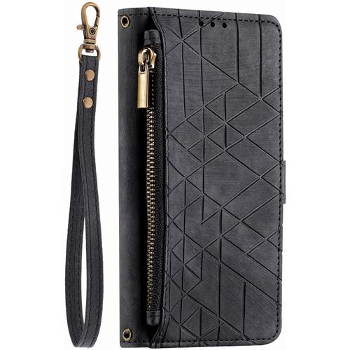 Coque En Pu Cuir Pour Iphone 12 Pro Max Étui De Protection Portefeuille Figure Géométrique Clapet Case [Bouton Loquet] Fermeture Éclair À Rabat Housse Wallet Étui En Cuir Housse,Noir