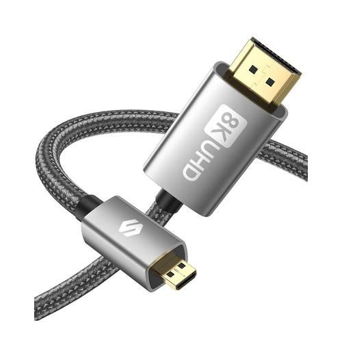 Câble Micro HDMI vers HDMI 2.1 1M, 8K@60Hz, Micro HDMI Supporte Ethernet, 3D, HDR et eARC, Micro HDMI to HDMI Compatible avec GoPro Hero 9/8/7/6/5, Raspberry Pi 5/4, Sony Camera A6300 A6400