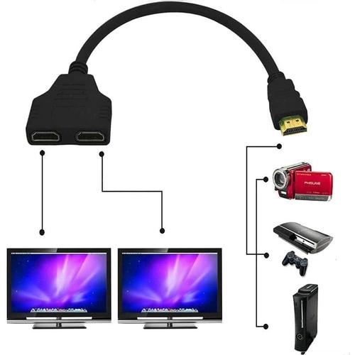 HDMI Câble, 1080P Splitter HDMI 1 en 2 Sorties HDMI Mâle vers Double HDMI Femelle 1 à 2 Voies Répartiteur Adaptateur Convertisseur HDTV, HD, LED, LCD, PS3, DVD et Plupart Projecteurs LCD Noir