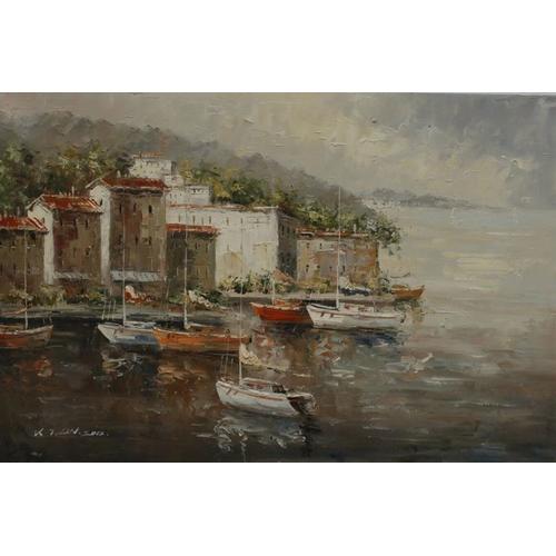 Paysage Port Bateaux Tableau Peinture Huile Sur Toile Signée / Hand Painted Oil Painting Boats Seascape