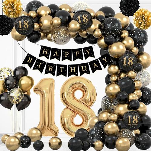 Decoration Anniversaire 18 ans Garçon Fille Decoration Anniversaire pour 18 ans Anniversaire Femme Homme 18e Anniversaire Décoration Ballons or Noir Confettis Fête