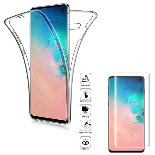 Coque Avant Et Arrière Silicone Pour Samsung Galaxy S10 6.1" 360° Protection Intégrale - Transparent + 1 Film Verre Trempé Incurvé - Transparent