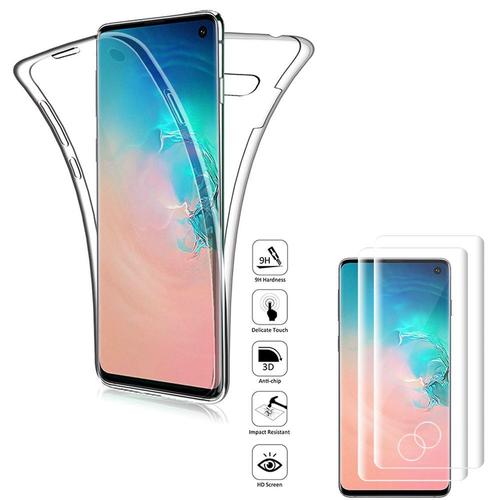 Coque Avant Et Arrière Silicone Pour Samsung Galaxy S10 6.1" 360° Protection Intégrale - Transparent + 2 Films Verre Trempé Incurvé - Transparent