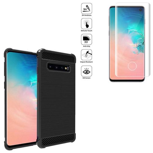 Coque Silicone Tpu Pour Samsung Galaxy S10 6.1" Fibre De Carbone Brossé - Noir + 1 Film Verre Trempé Incurvé - Transparent