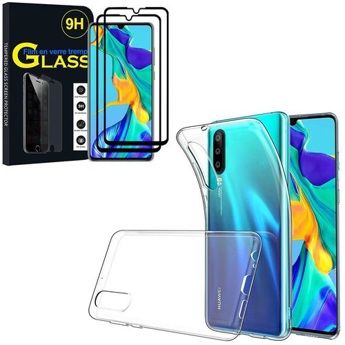 Coque Silicone Pour Huawei P30 6.1" Gel Ultraslim Et Ajustement Parfait - Transparent + 2 Films Verre Trempé - Noir
