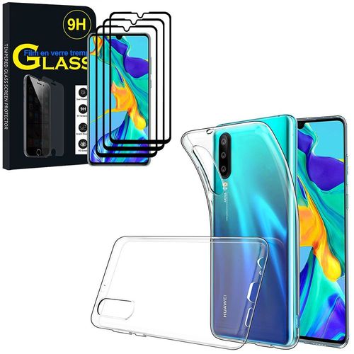 Coque Silicone Pour Huawei P30 6.1" Gel Ultraslim Et Ajustement Parfait - Transparent + 3 Films Verre Trempé - Noir