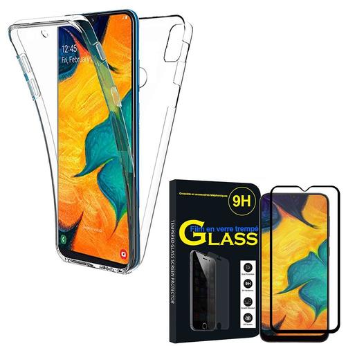 Coque Avant Et Arrière Silicone Pour Samsung Galaxy A30 Sm-A305f 6.4" 360° Protection Intégrale - Transparent + 1 Film Verre Trempé - Noir