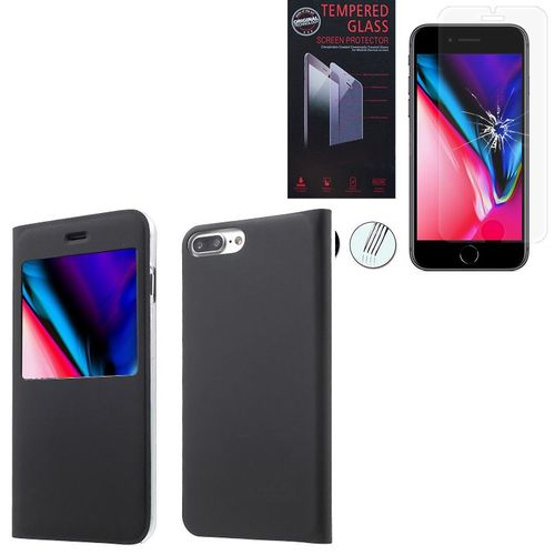 Housse À Fenêtre Pour Apple Iphone 8 Plus 5.5" S-View Fonction - Noir + 1 Film Verre Trempé - Transparent