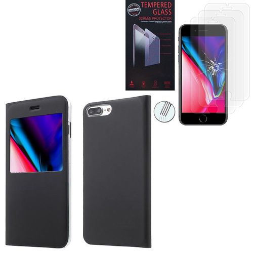 Housse À Fenêtre Pour Apple Iphone 8 Plus 5.5" S-View Fonction - Noir + 3 Films Verre Trempé - Transparent
