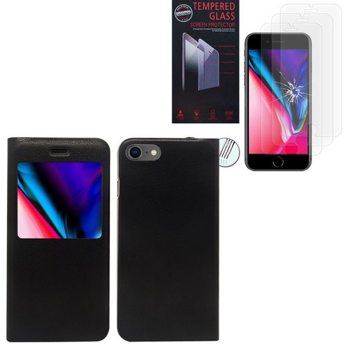 Housse À Fenêtre Pour Apple Iphone 8 4.7" S-View Fonction - Noir + 3 Films Verre Trempé - Transparent