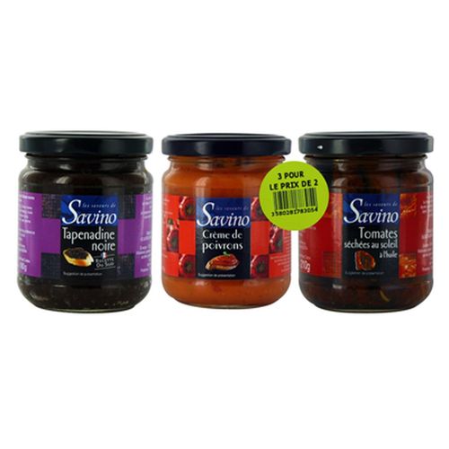 Lot 3x180g - Tapenadine Olivade Noire + Crème De Poivrons + Tomates Séchées Au Soleil À L'huile - Les Saveurs De Savino