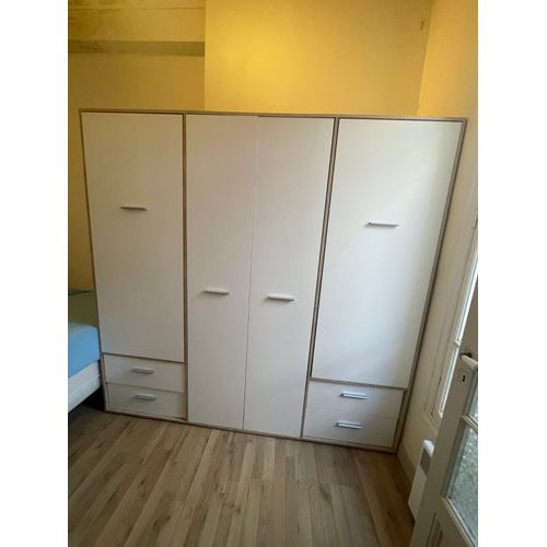 Grande Armoire De Chambre 4 Portes - 200x53x205 Cm - 4 Tiroirs - Armoire Avec Penderie - Blanc