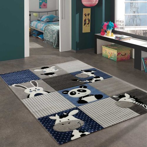 Tapis Enfant 280x380 Rectangle Tissé Bleu Et Gris Motif Animaux Zoo