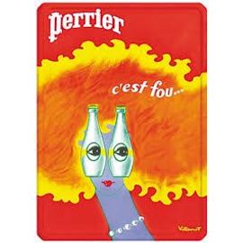 Perrier Rousse C'est Fou... - Villemot - Plaque Carte Postale Métal Bombée Publicitaire 15x21 Cm