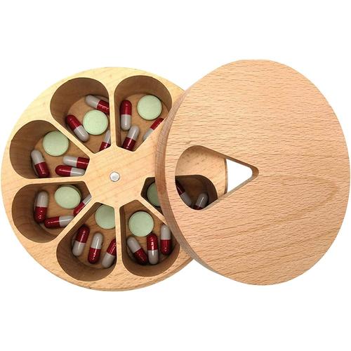 Pilulier Semainier - Pilulier Rond 7 Jours | Pilulier Journalier en Bois | Petit Tour Boîte À Pilules Medicaments Vitamines Conteneur | Pilulier Distributeur de Pilules Médicaments pour Voyager