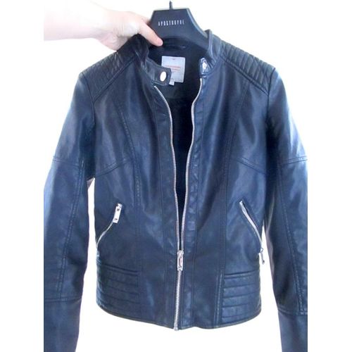 Blouson Noir Simili Cuir, Col Rond Bouton Pression, Fermeture Eclair Argent, Clockhouse, T. 34 Ou T. 36 - Bien Lire