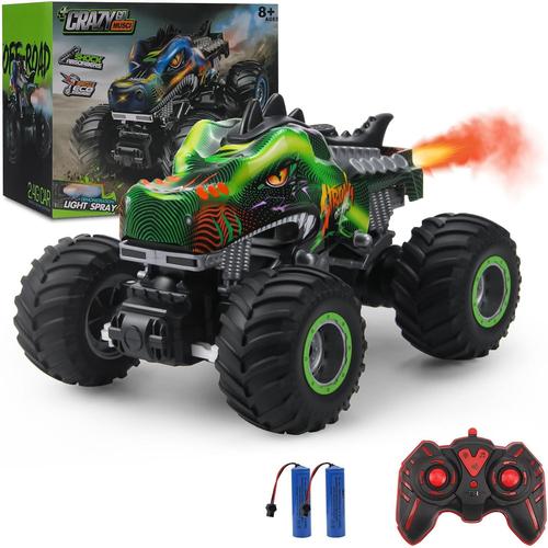 Voiture Telecommandé/Radiocommandée Tout Terrain 1:16 Rc Dinosaures Monster Truck 20 Km/H Avec Brume De Pulvérisation Musique Lumières Led Cadeau Pour Les Enfants De 4 5 6 8 Ans (Vert)