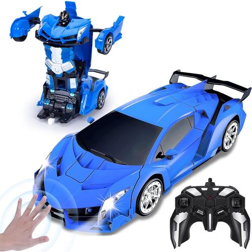 Transform Jouets, Transformable Voiture Télécommandée Avec Gestes De La Main, Lumière Clignotante Batteries Musique Et Effet Sonore, 2,4g Robot Car Toy Pour Garcon 3 4 5 6 7 8 9 10 Ans Bleu