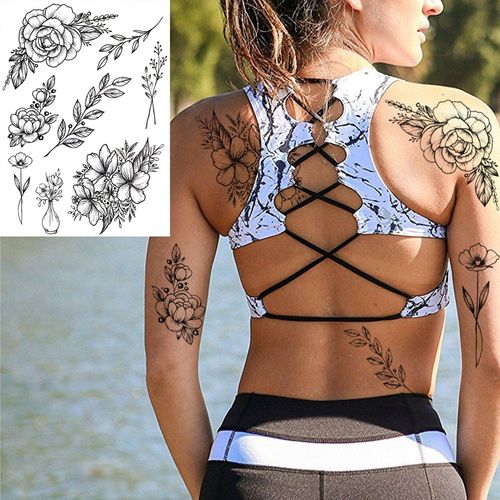 Tatouages Temporaires 3d À Fleurs Noires Pour Femmes Et Filles Faux Autocollant Rose Pivoine Lune Loup Renne Art De La Poitrine 