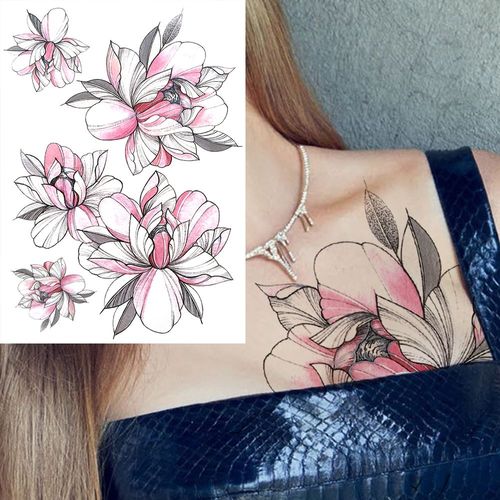 Tatouages Temporaires 3d À Fleurs Noires Pour Femmes Et Filles Faux Autocollant Rose Pivoine Lune Loup Renne Art De La Poitrine 