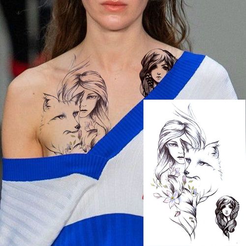 Tatouages Temporaires 3d À Fleurs Noires Pour Femmes Et Filles Faux Autocollant Rose Pivoine Lune Loup Renne Art De La Poitrine 
