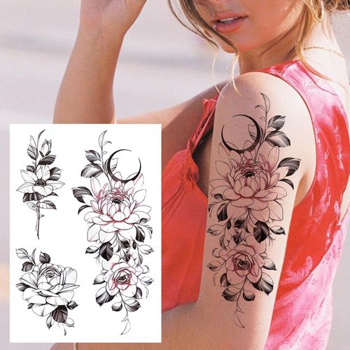 Tatouages Temporaires 3d À Fleurs Noires Pour Femmes Et Filles Faux Autocollant Rose Pivoine Lune Loup Renne Art De La Poitrine 