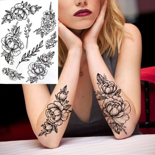 Tatouages Temporaires 3d À Fleurs Noires Pour Femmes Et Filles Faux Autocollant Rose Pivoine Lune Loup Renne Art De La Poitrine 