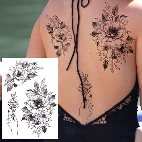 Tatouages Temporaires 3d À Fleurs Noires Pour Femmes Et Filles Faux Autocollant Rose Pivoine Lune Loup Renne Art De La Poitrine 
