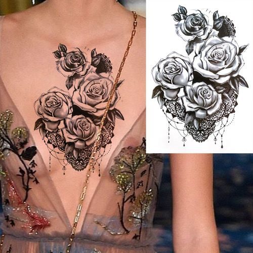 Tatouages Temporaires 3d À Fleurs Noires Pour Femmes Et Filles Faux Autocollant Rose Pivoine Lune Loup Renne Art De La Poitrine 