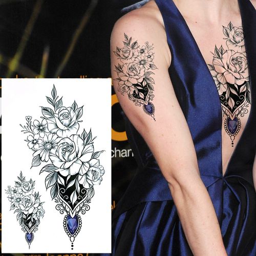 Tatouages Temporaires 3d À Fleurs Noires Pour Femmes Et Filles Faux Autocollant Rose Pivoine Lune Loup Renne Art De La Poitrine 
